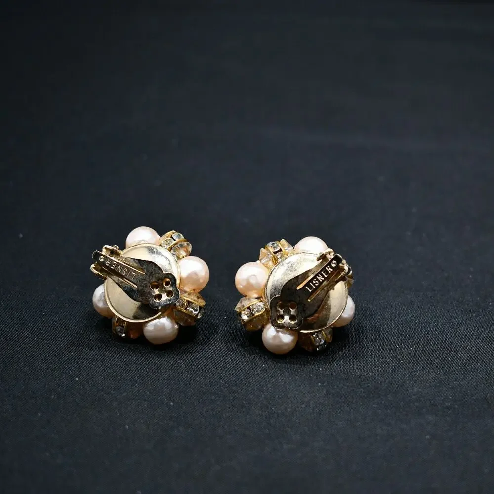 Vintage Lisner Pink Faux Pearl Rhinestone Earrings, Clip-On, Mid-Century, 1950s